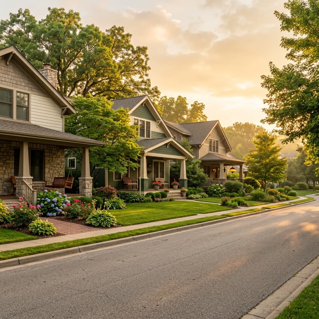 Warm suburban neighborhood with charming homes and lush green trees — the kind of properties FSBO sellers list